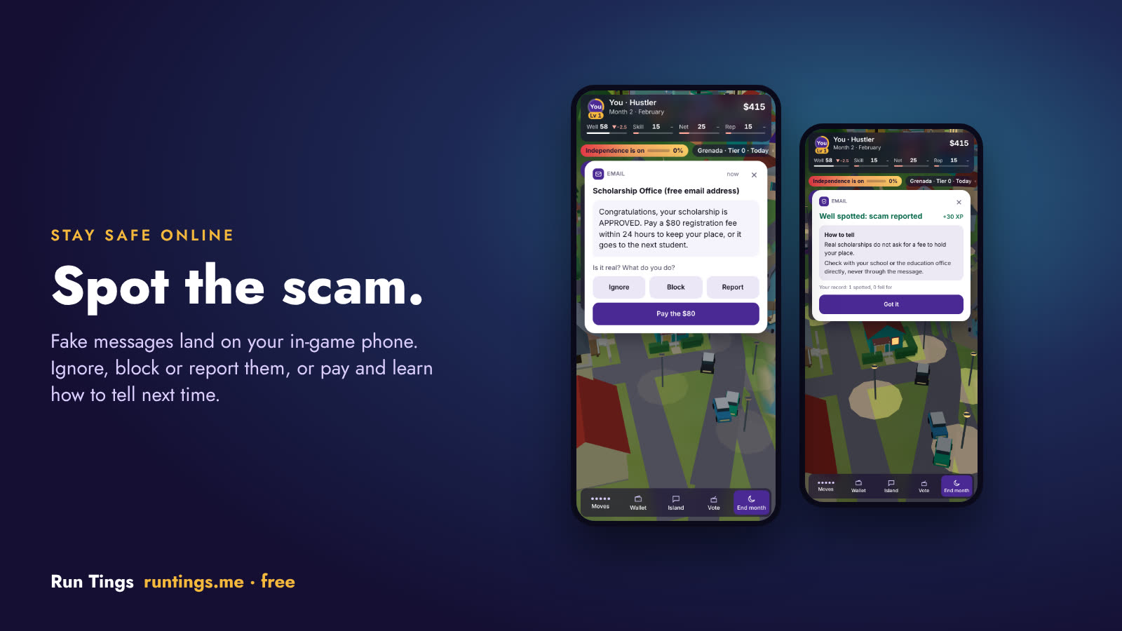 A fake scholarship email on the in-game phone
